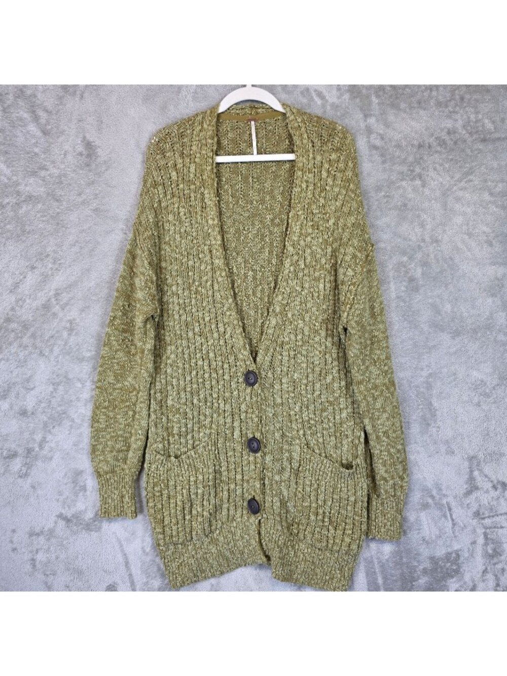 Free People Cardigan Sweater Womens S Green Chunky Knit V Neck Button Pockets